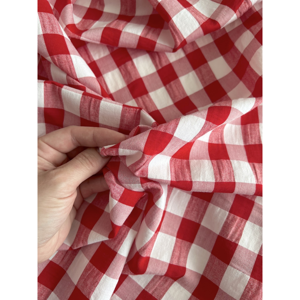 Tissu coton Vichy carreaux Seersucker gaufré rouge 20mm mètre