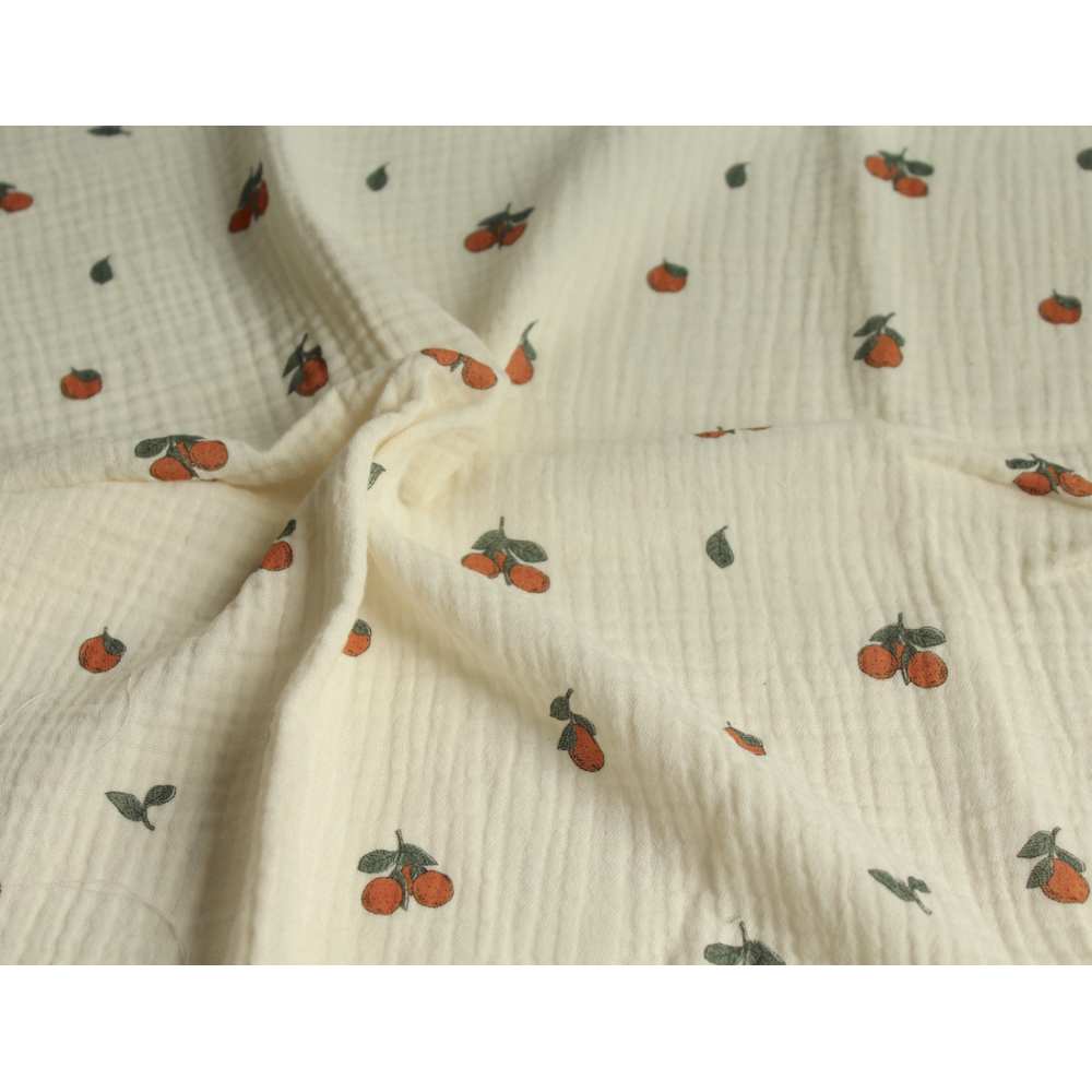 Tissu Double Gaze Coton Motif Oranges Vintage Organique BIO Organique