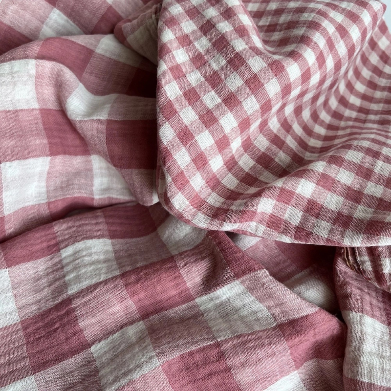 Double gaze de coton vichy réversible framboise / blanc Qualité Oeko-tex - 3 Double gaze de coton vichy réversible framboise / blanc Qualité Oeko-tex - 3