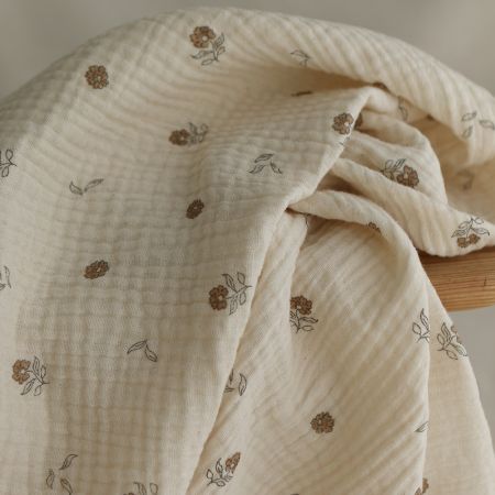 Aïna - Double gaze coton BIO motif fond écru camel Aïna - Double gaze coton BIO motif fond écru camel