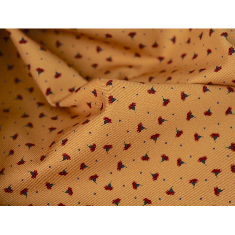 Tissu sergé / twill de coton organique imprimé fond moutarde x1m Tissu sergé / twill de coton organique imprimé fond moutarde x1m