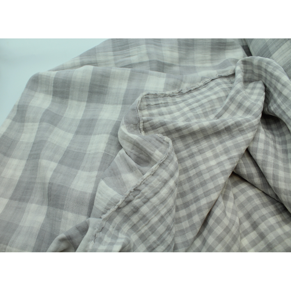 Double gaze de coton double face réversible vichy gris perle Double gaze de coton double face réversible vichy gris perle