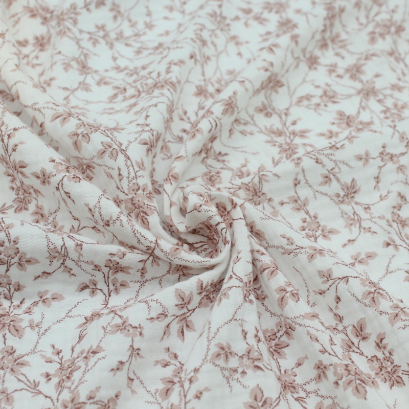 Adele - Double gaze de coton BIO motif fleuri vieux rose Adele - Double gaze de coton BIO motif fleuri vieux rose