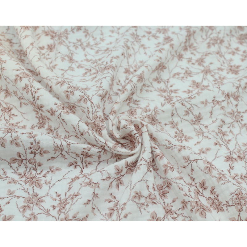 Adele - Double gaze de coton BIO motif fleuri vieux rose Adele - Double gaze de coton BIO motif fleuri vieux rose