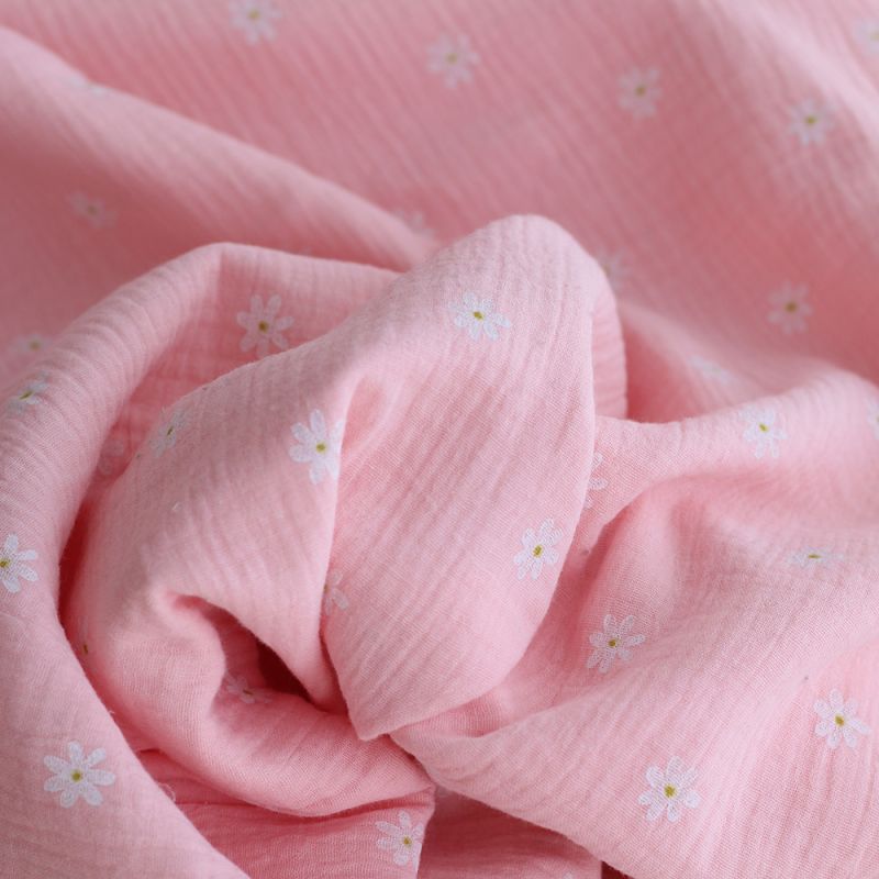Daisy - Double gaze de coton marguerites fond rose Daisy - Double gaze de coton marguerites fond rose
