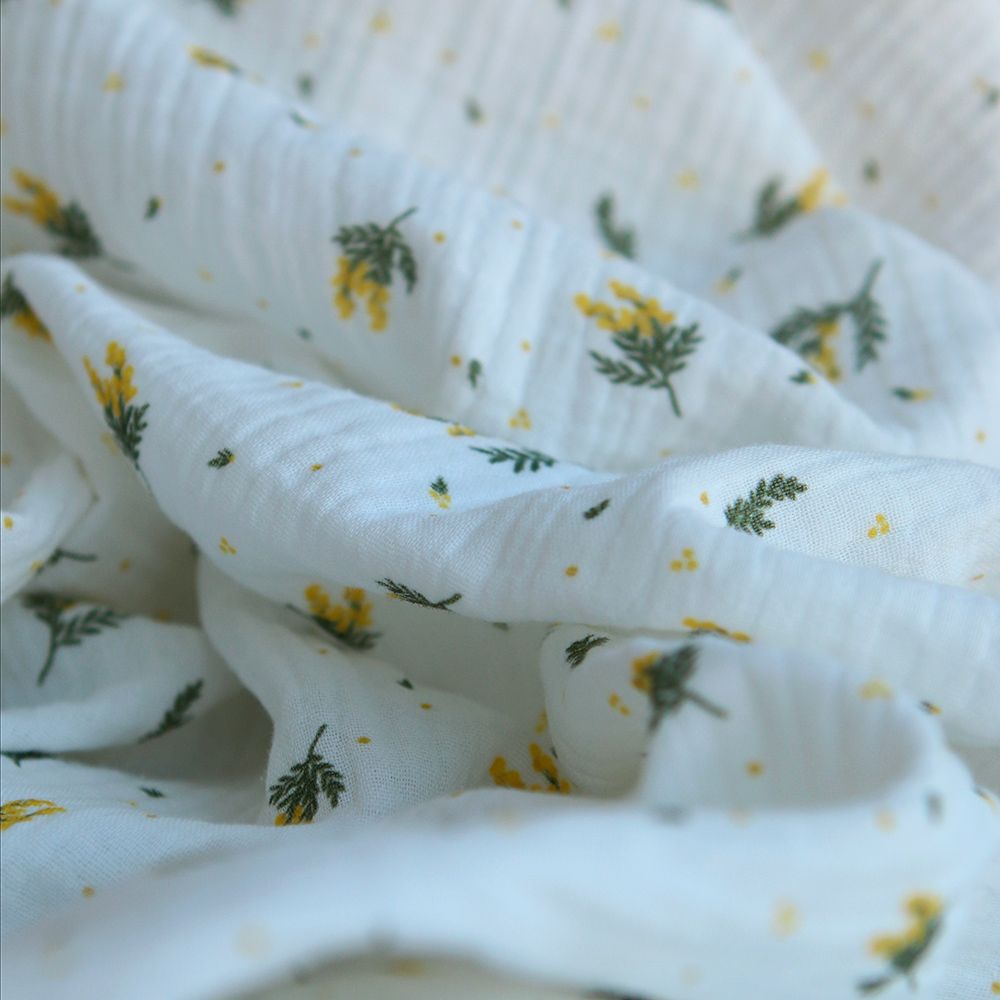Mimosa - Double gaze coton BIO Exclusif blanc motif mimosa allégé