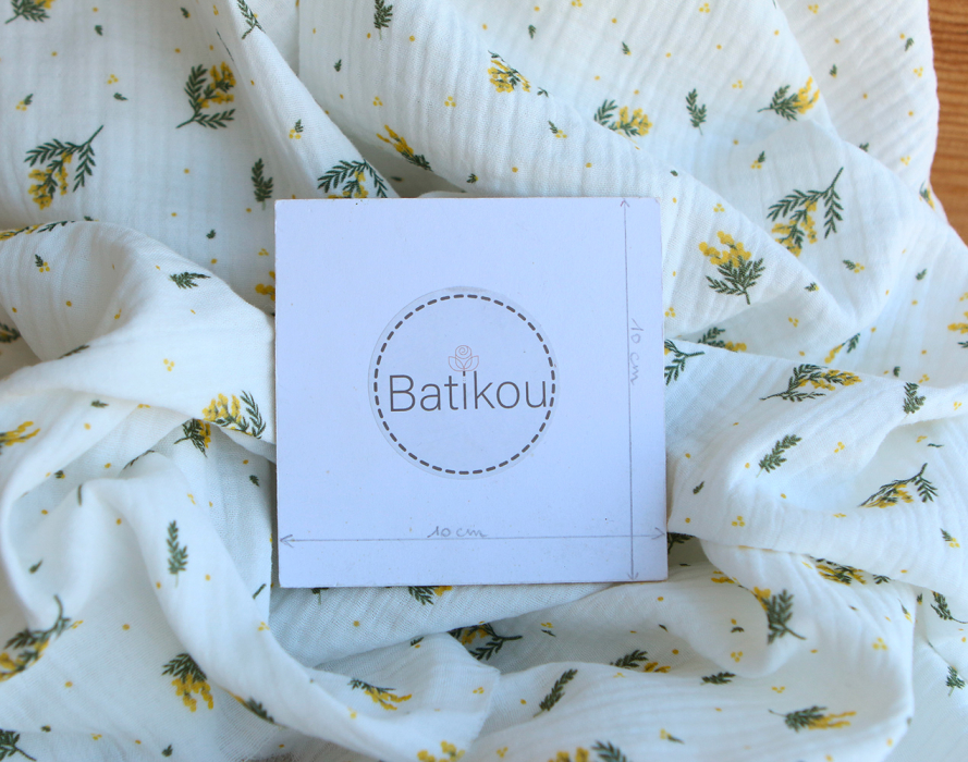 Mimosa - Double gaze coton BIO Exclusif blanc motif mimosa allégé
