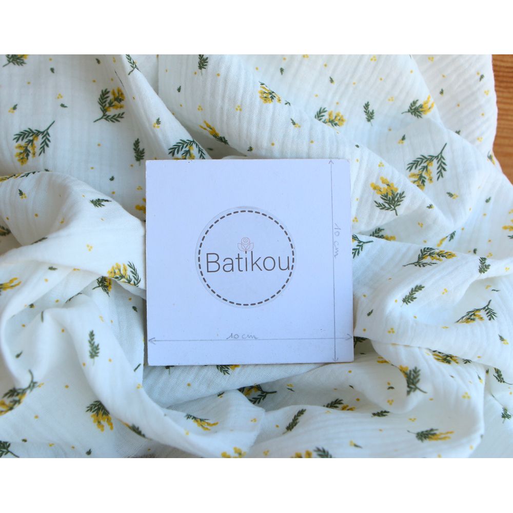 Mimosa - Double gaze coton BIO Exclusif blanc motif mimosa allégé