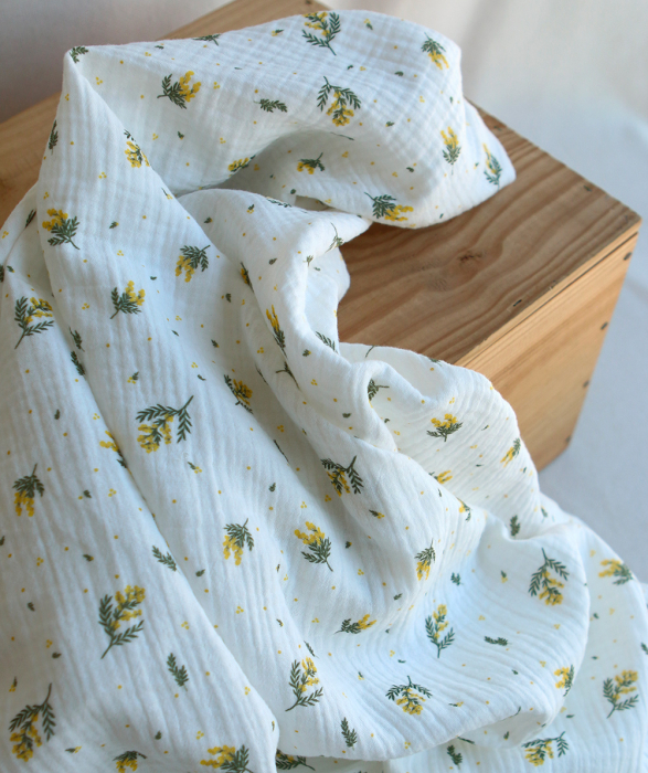Mimosa - Double gaze coton BIO Exclusif blanc motif mimosa allégé