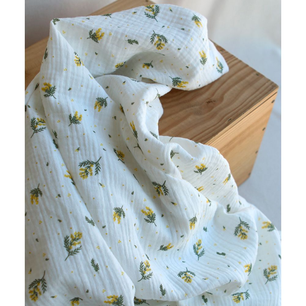 Mimosa - Double gaze coton BIO Exclusif blanc motif mimosa allégé