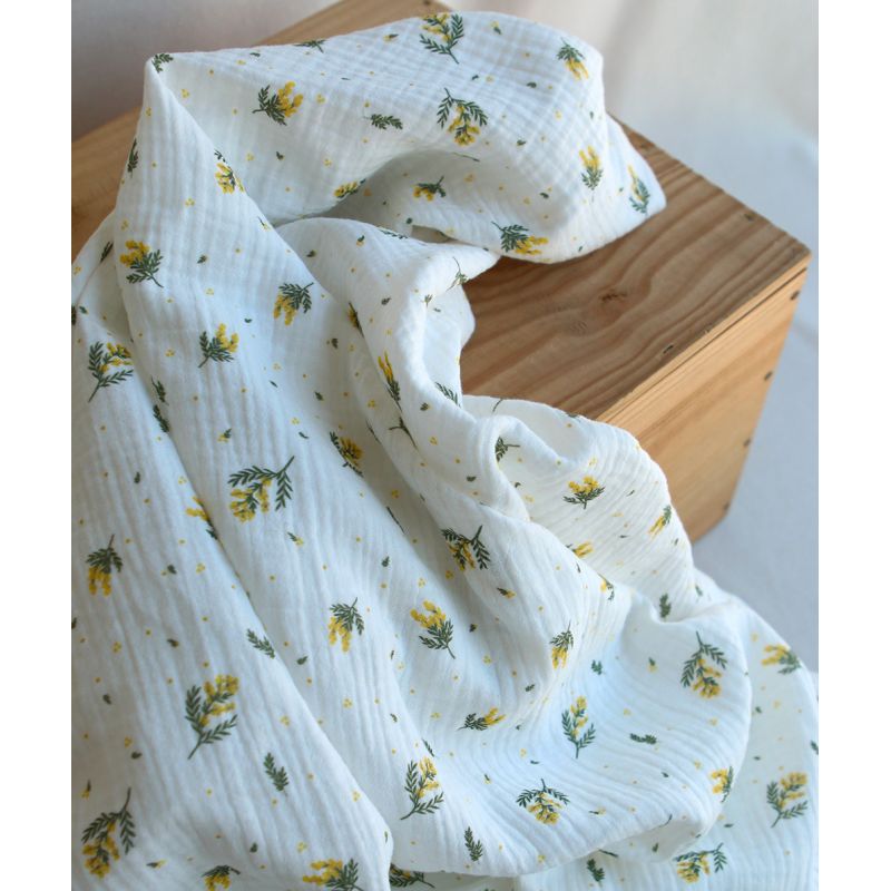 Mimosa - Double gaze coton BIO Exclusif blanc motif mimosa allégé