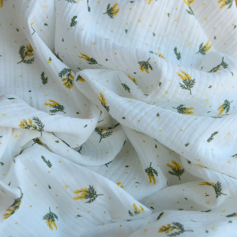 Mimosa - Double gaze coton BIO Exclusif blanc motif mimosa allégé