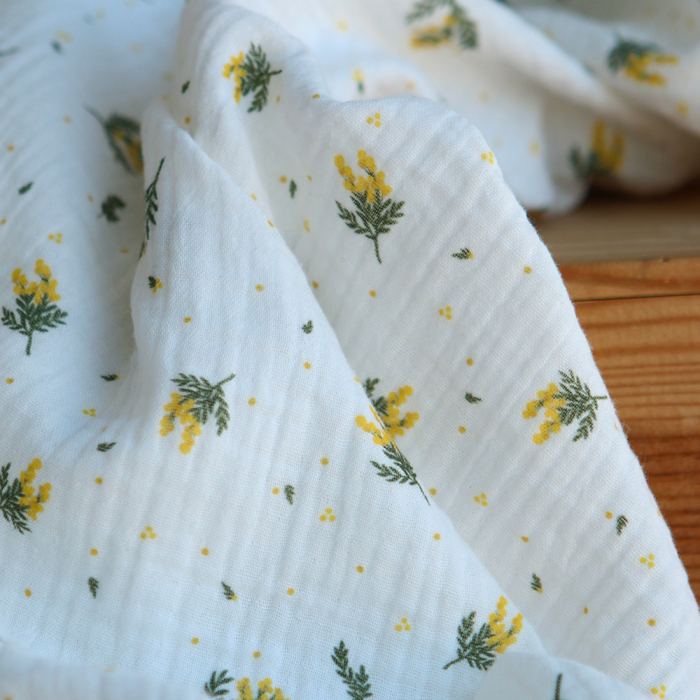 Mimosa - Double gaze coton BIO Exclusif blanc motif mimosa allégé