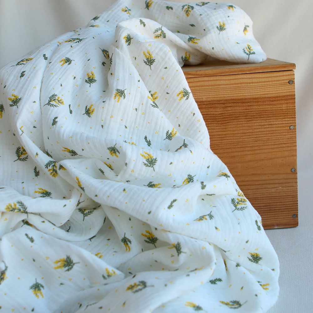 Mimosa - Double gaze coton BIO Exclusif blanc motif mimosa allégé