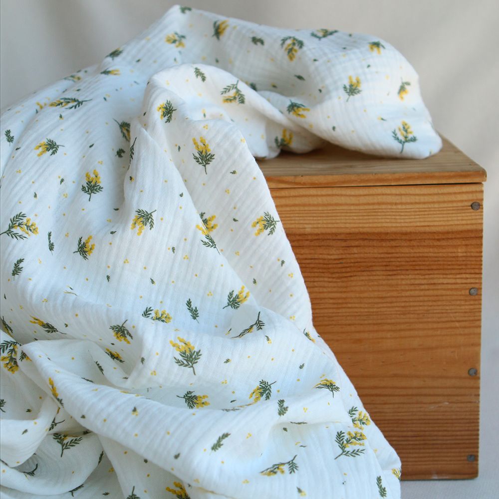 Mimosa - Double gaze coton BIO Exclusif blanc motif mimosa allégé