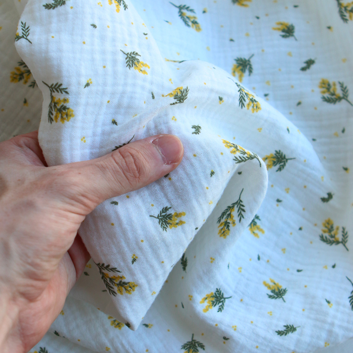 Mimosa - Double gaze coton BIO Exclusif blanc motif mimosa allégé