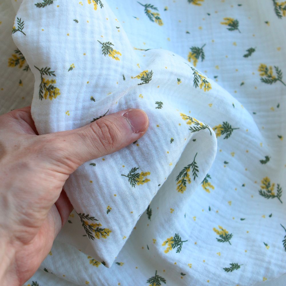 Mimosa - Double gaze coton BIO Exclusif blanc motif mimosa allégé