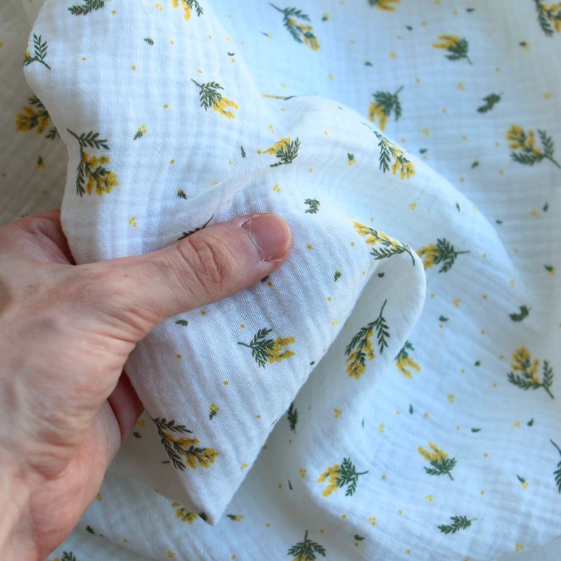 Mimosa - Double gaze coton BIO Exclusif blanc motif mimosa allégé