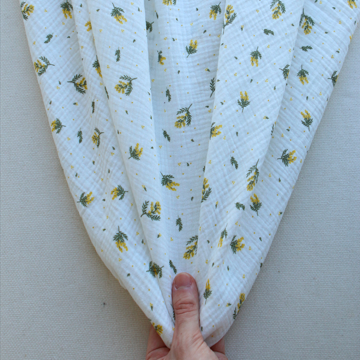 Mimosa - Double gaze coton BIO Exclusif blanc motif mimosa allégé