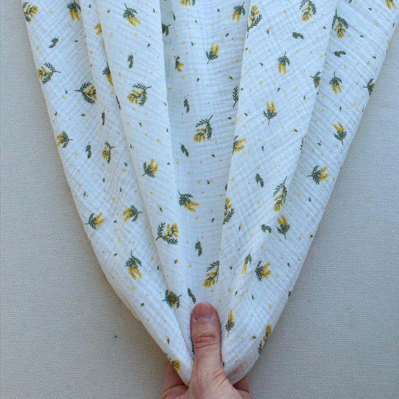 Mimosa - Double gaze coton BIO Exclusif blanc motif mimosa allégé