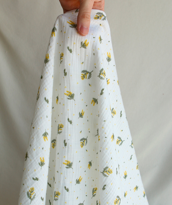 Mimosa - Double gaze coton BIO Exclusif blanc motif mimosa allégé