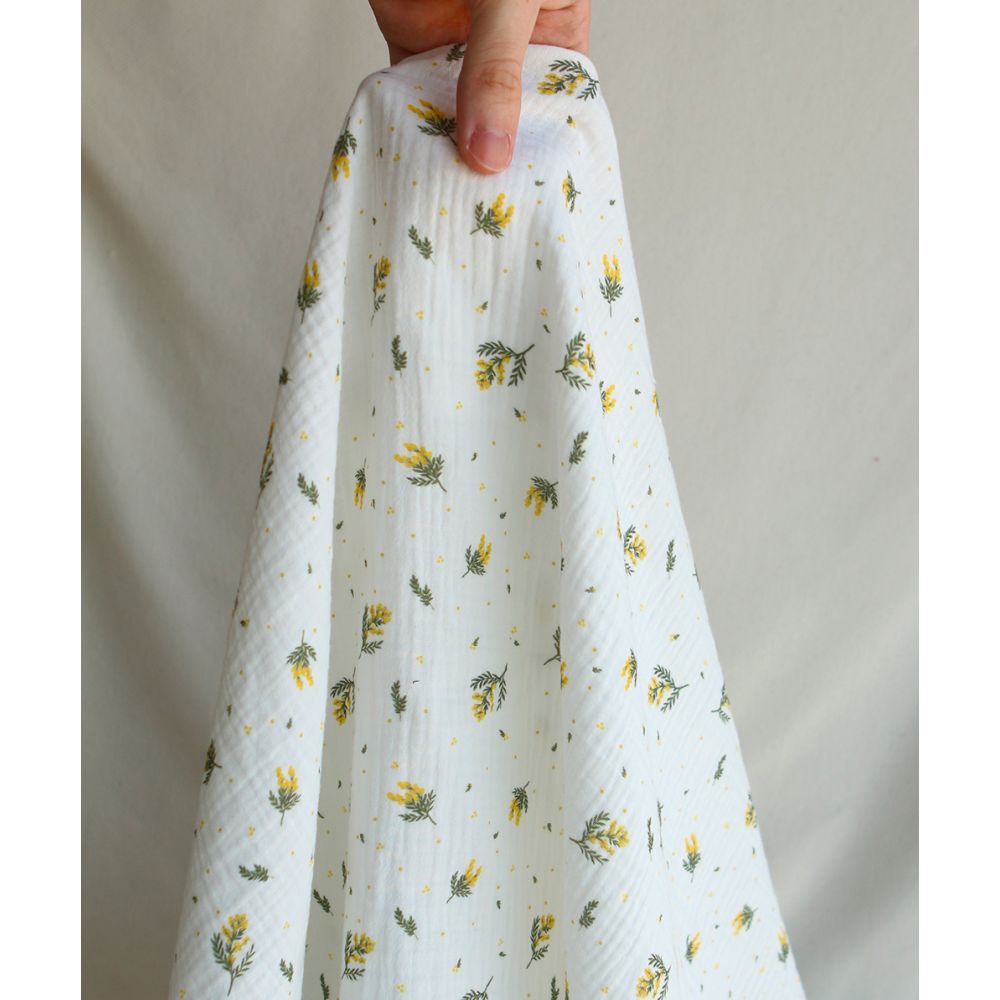 Mimosa - Double gaze coton BIO Exclusif blanc motif mimosa allégé