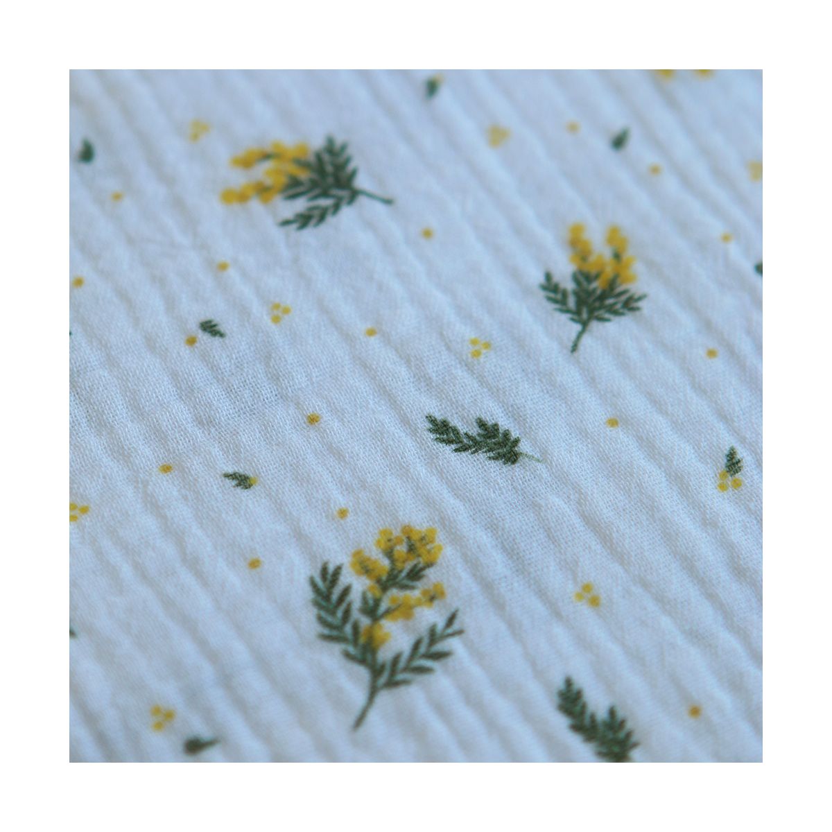 Mimosa - Double gaze coton BIO Exclusif blanc motif mimosa allégé Mimosa - Double gaze coton BIO Exclusif blanc motif mimosa allégé