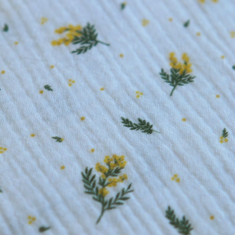 Mimosa - Double gaze coton BIO Exclusif blanc motif mimosa allégé
