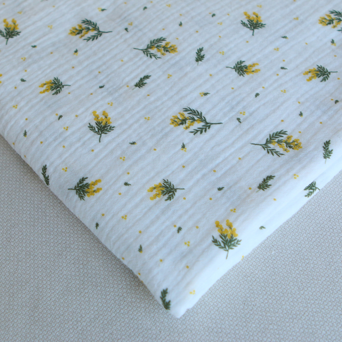Mimosa - Double gaze coton BIO Exclusif blanc motif mimosa allégé