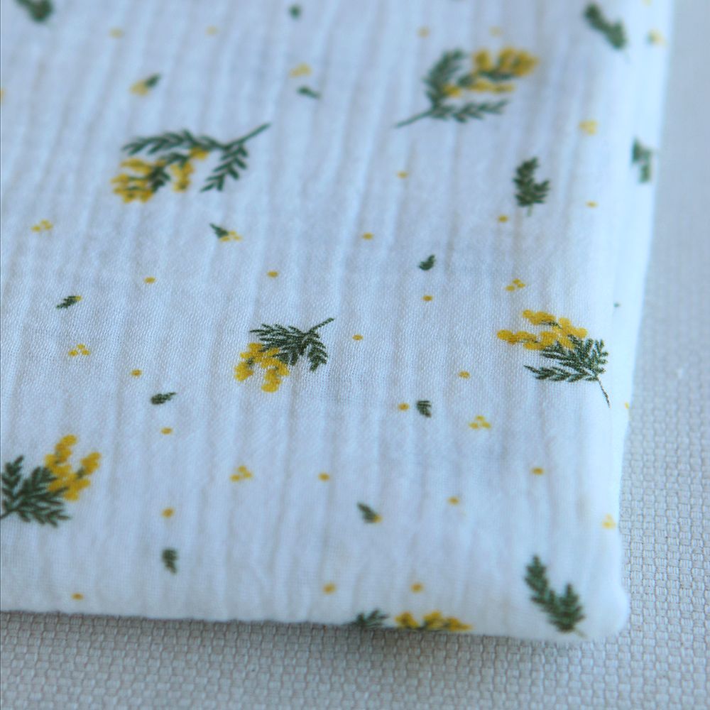 Mimosa - Double gaze coton BIO Exclusif blanc motif mimosa allégé