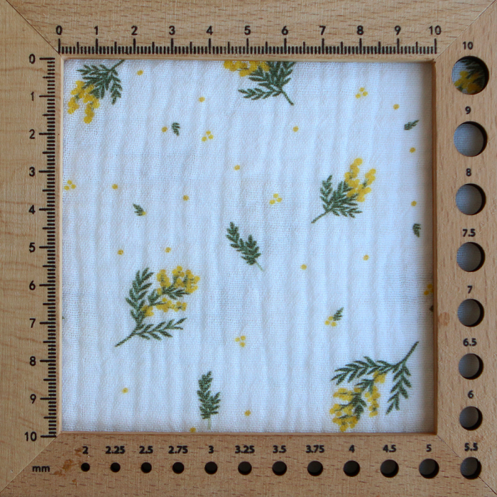 Mimosa - Double gaze coton BIO Exclusif blanc motif mimosa allégé