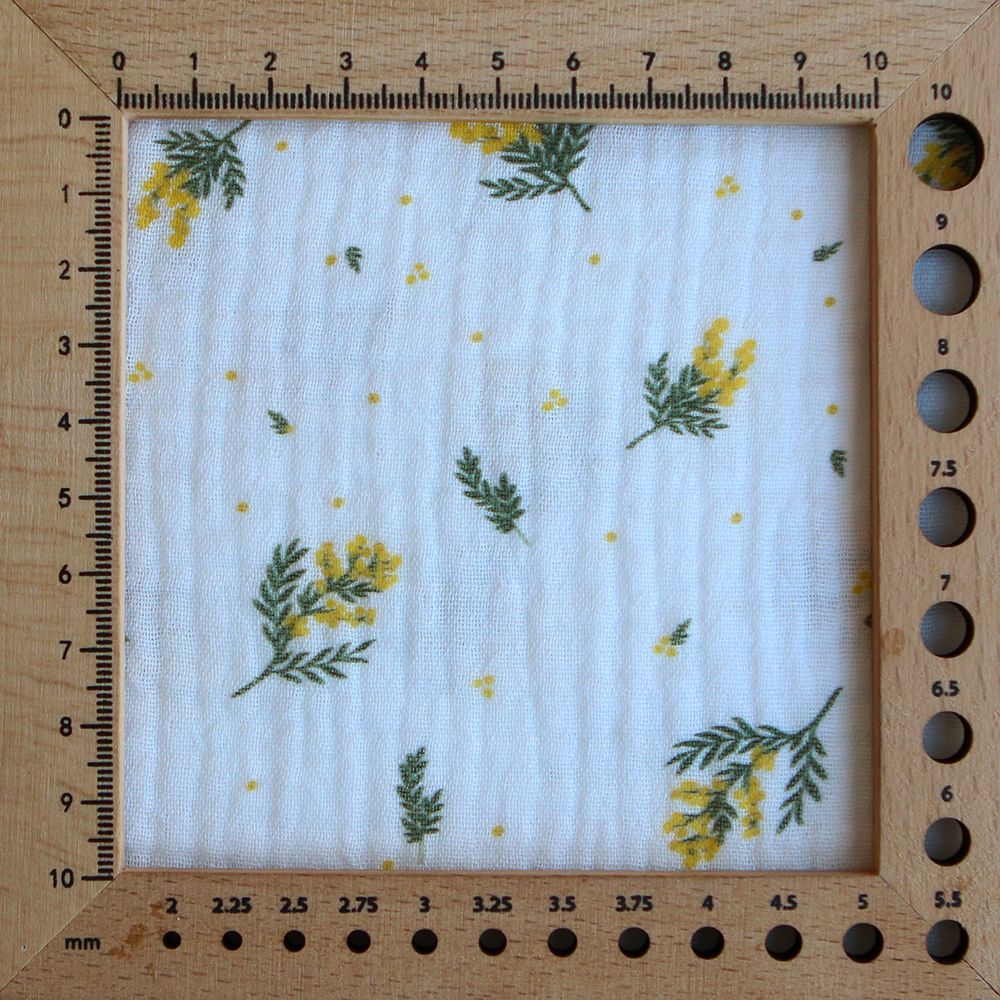 Mimosa - Double gaze coton BIO Exclusif blanc motif mimosa allégé