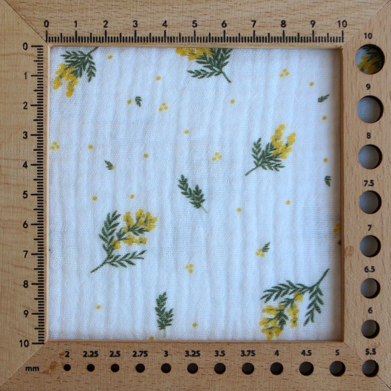 Mimosa - Double gaze coton BIO Exclusif blanc motif mimosa allégé