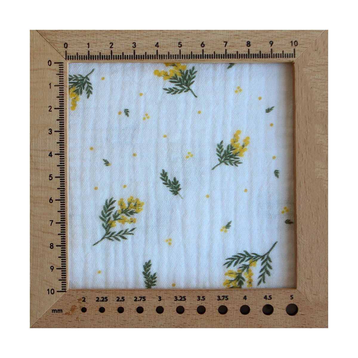 Mimosa - Double gaze coton BIO Exclusif blanc motif mimosa allégé Mimosa - Double gaze coton BIO Exclusif blanc motif mimosa allégé
