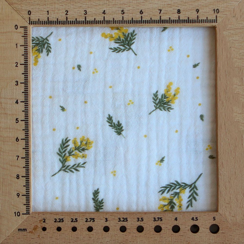 Mimosa - Double gaze coton BIO Exclusif blanc motif mimosa allégé