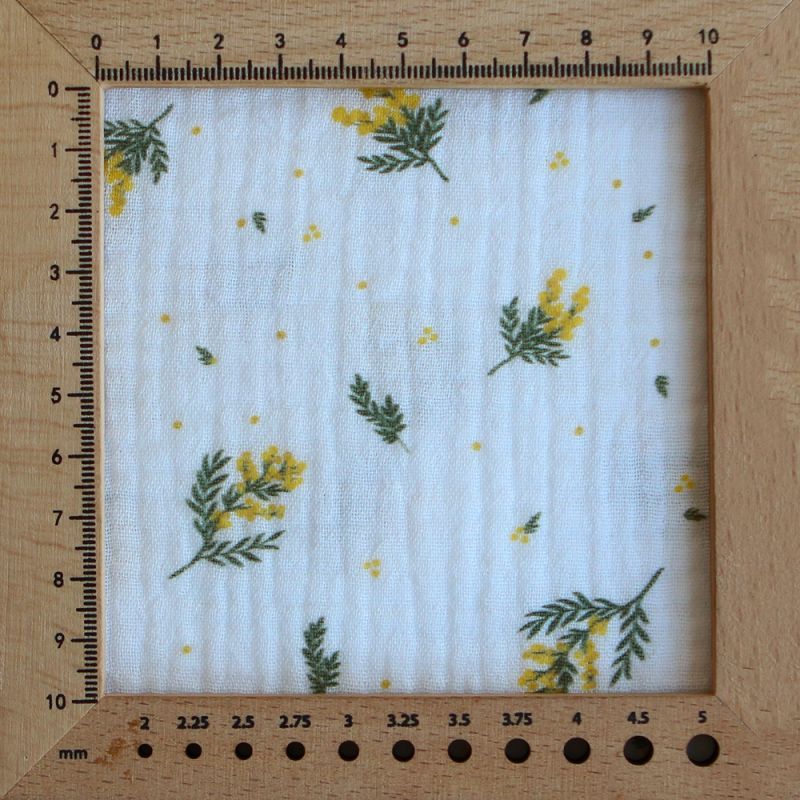 Mimosa - Double gaze coton BIO Exclusif blanc motif mimosa allégé