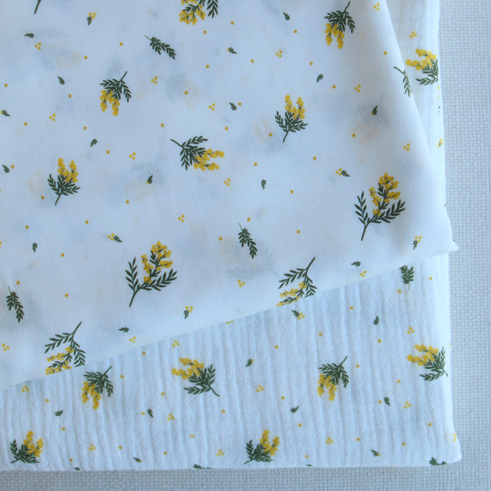 Mimosa - Double gaze coton BIO Exclusif blanc motif mimosa allégé