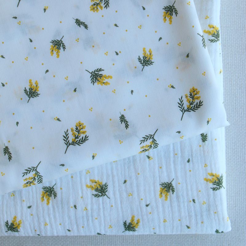 Mimosa - Double gaze coton BIO Exclusif blanc motif mimosa allégé