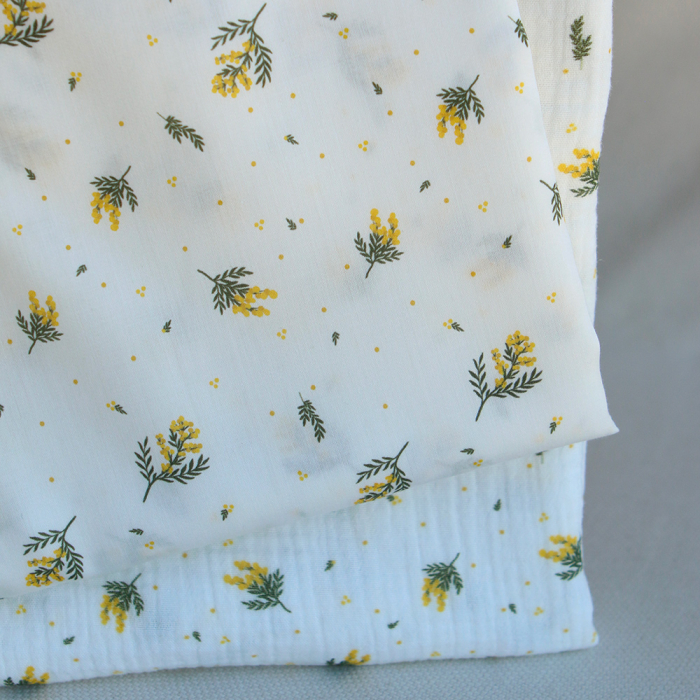 Mimosa - Double gaze coton BIO Exclusif blanc motif mimosa allégé