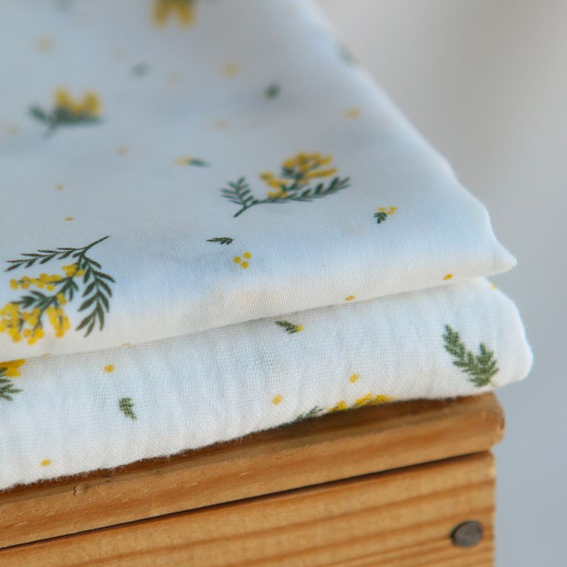 Mimosa - Double gaze coton BIO Exclusif blanc motif mimosa allégé
