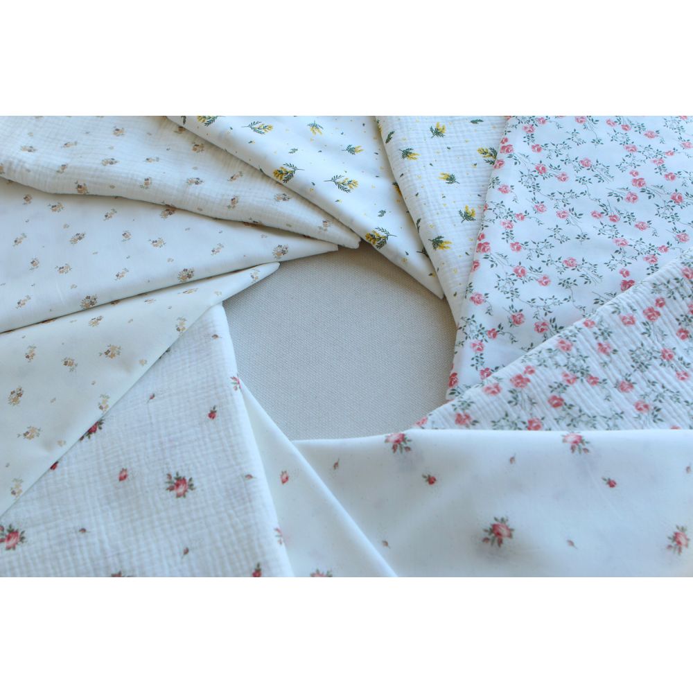 Mimosa - Double gaze coton BIO Exclusif blanc motif mimosa allégé