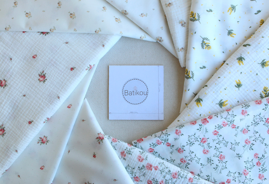 Mimosa - Double gaze coton BIO Exclusif blanc motif mimosa allégé