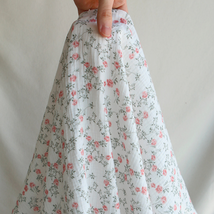 Marcelle - Double gaze coton BIO Exclusif blanc motif fleuri vert et rose