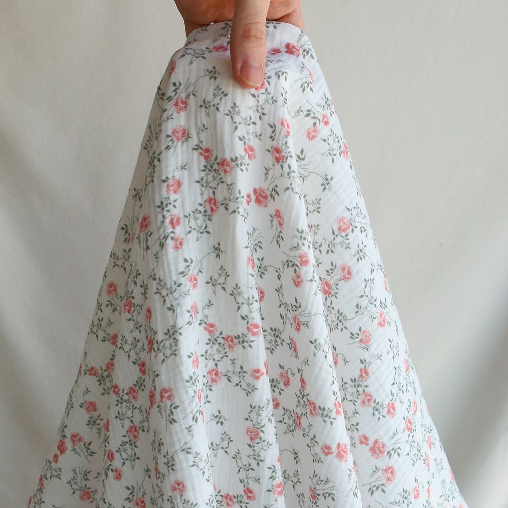 Marcelle - Double gaze coton BIO Exclusif blanc motif fleuri vert et rose