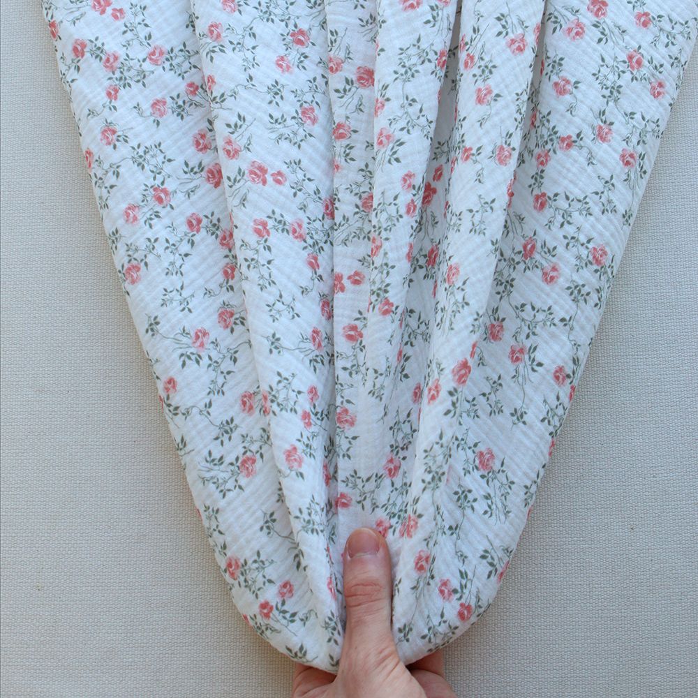 Marcelle - Double gaze coton BIO Exclusif blanc motif fleuri vert et rose