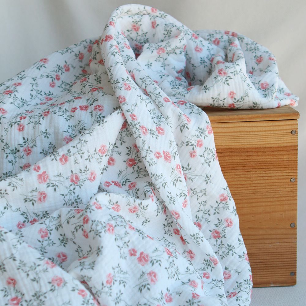 Marcelle - Double gaze coton BIO Exclusif blanc motif fleuri vert et rose