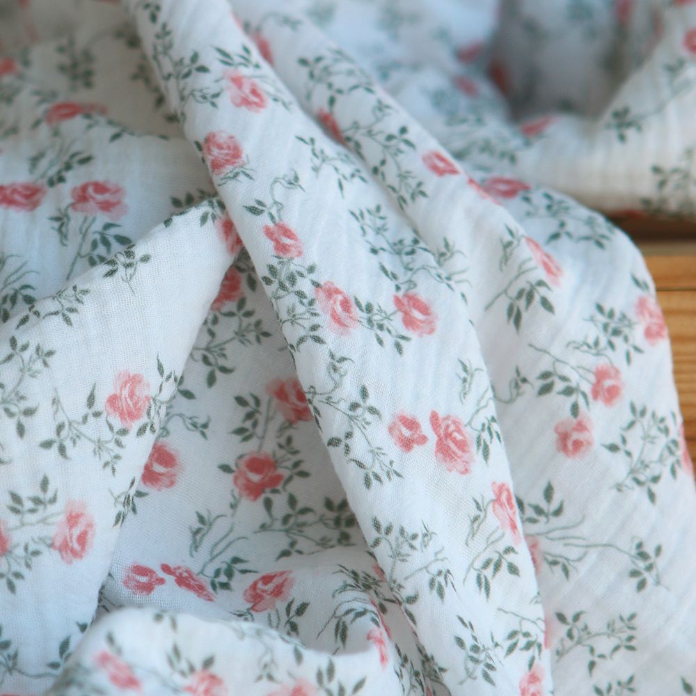 Marcelle - Double gaze coton BIO Exclusif blanc motif fleuri vert et rose