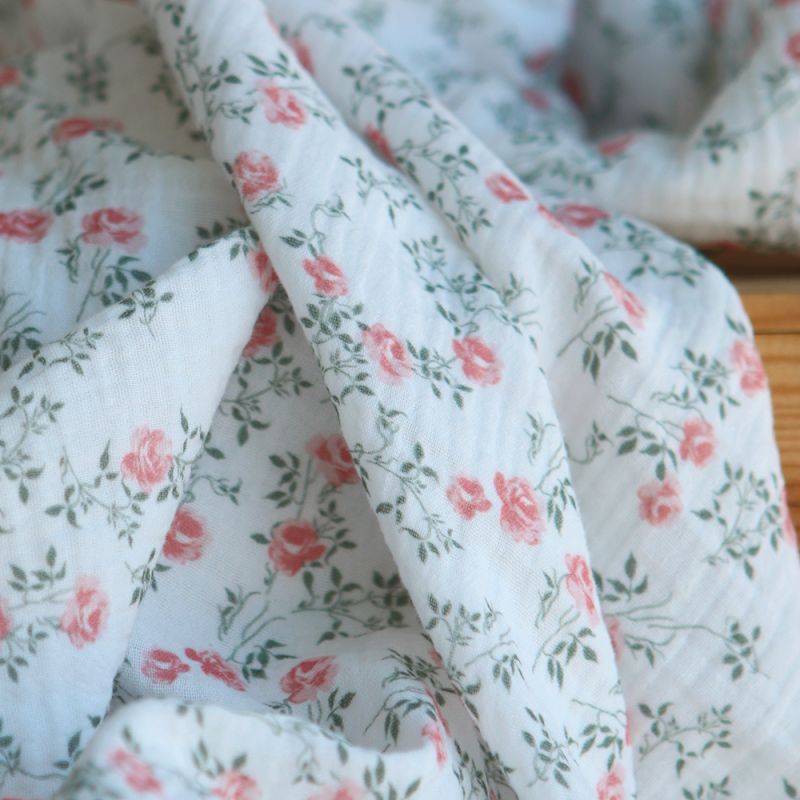 Marcelle - Double gaze coton BIO Exclusif blanc motif fleuri vert et rose