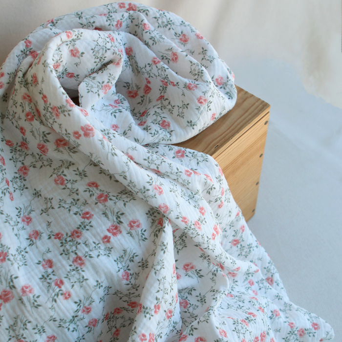Marcelle - Double gaze coton BIO Exclusif blanc motif fleuri vert et rose
