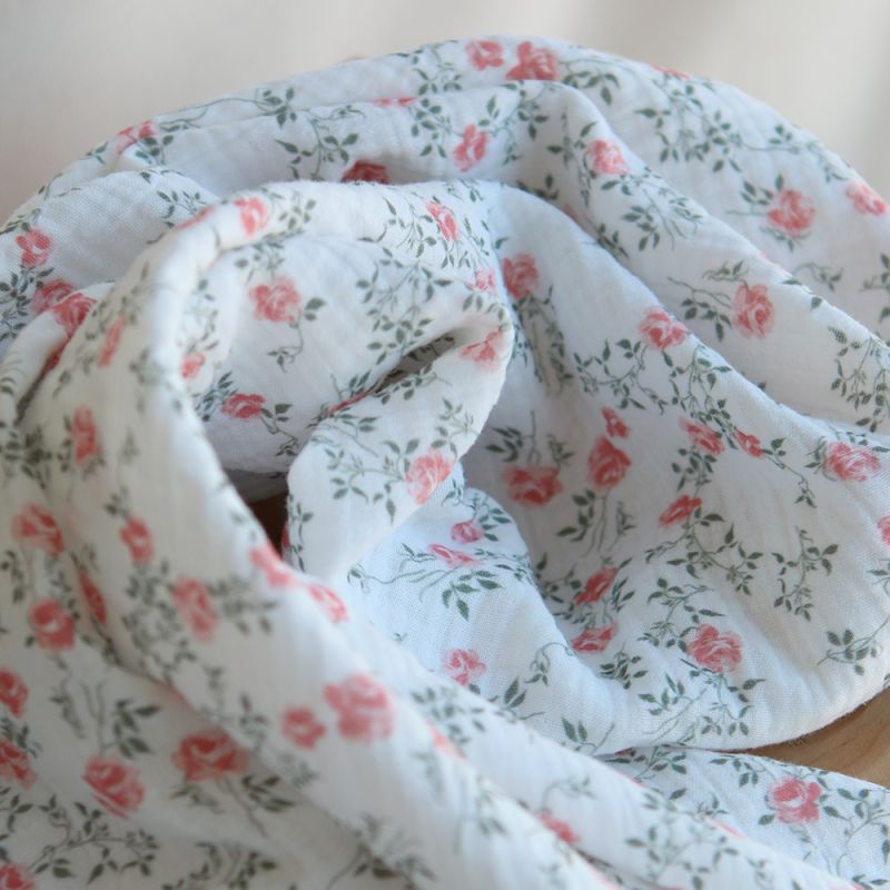 Marcelle - Double gaze coton BIO Exclusif blanc motif fleuri vert et rose